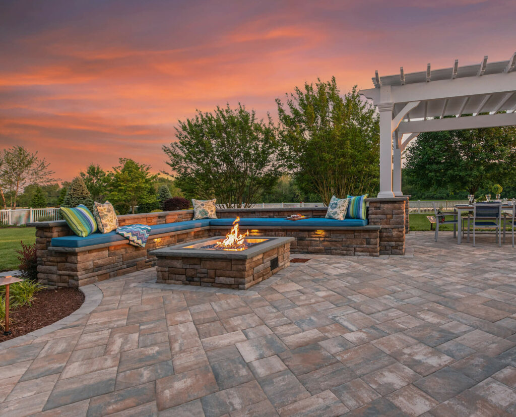 Paver patio, seat walls, and a fire feature built for three seasons